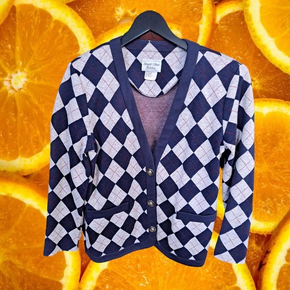 Vintage Stuart Allan Petites Blue and White Argyle Cardigan Size 8 - Picture 1 of 6